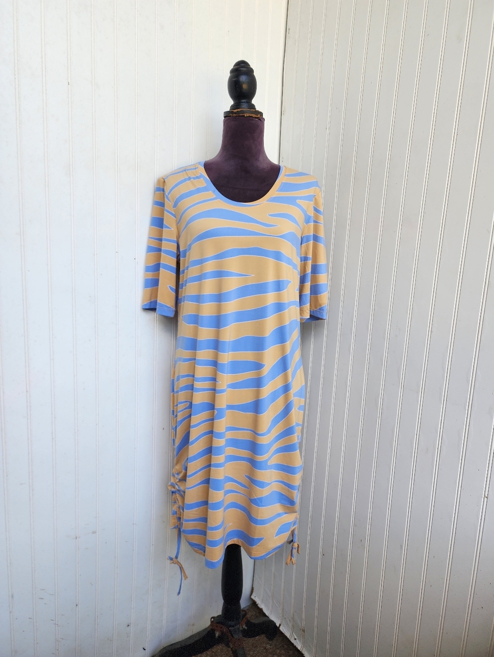 OTG Blue Beige Short Sleeve Dress Stretch Zebra Print Rutched Sides Sz XL